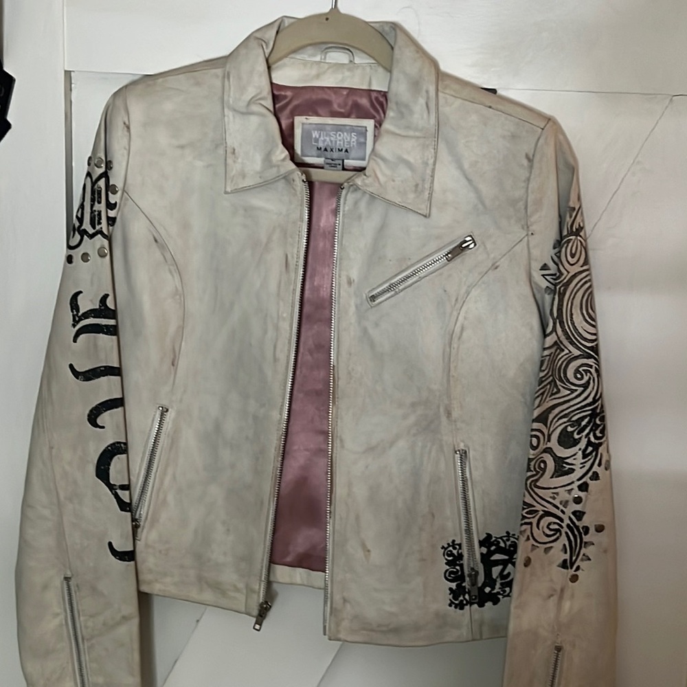 Vintage white leather zip up jacket with Rocket wording on back size large
